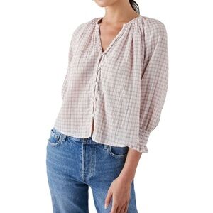 Rails Mariah Button-up Split Neck Cotton Blouse with smocked cuffs XL Soft Rose